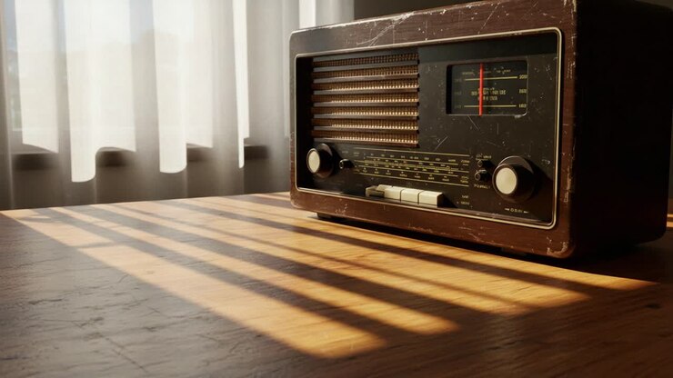 Una radio vintage che emette un bagliore caldo, proiettando ombre su una superficie di legno con luce naturale attraverso tende velate.
