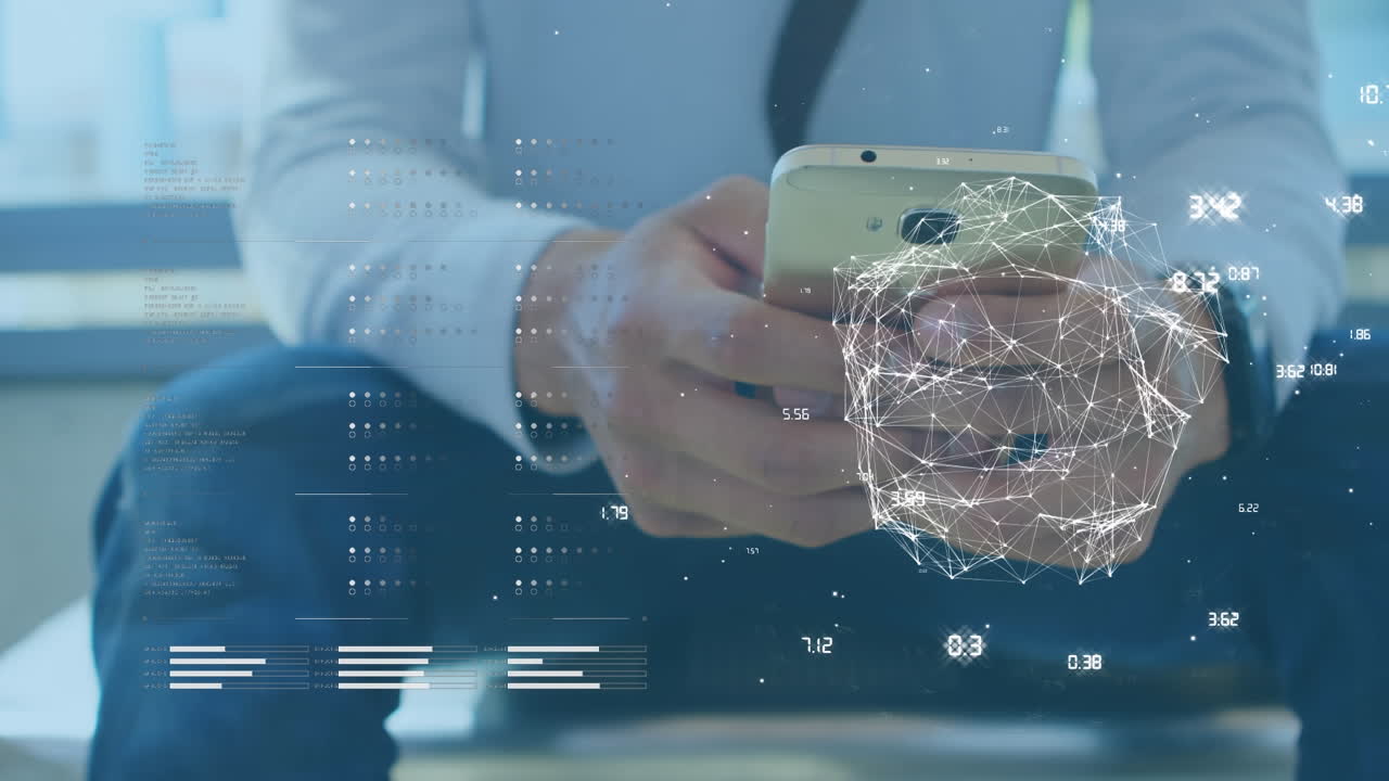 animación del globo de la red de conexiones y procesamiento de datos sobre el hombre usando un teléfono inteligente