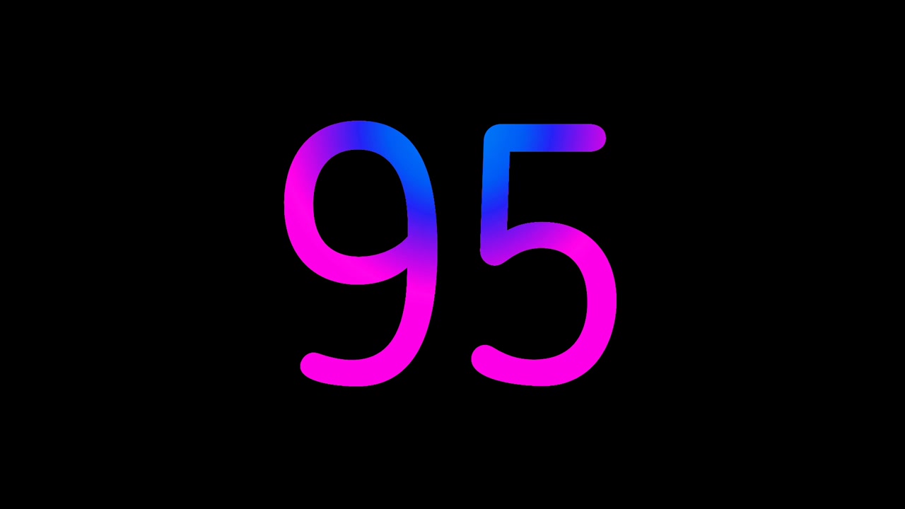 Animazione numero 95 con luce al neon, gradiente luminoso blu e rosa, loop numerico LED digitale futuristico, sfondo scuro tecnologico astratto, grafica in movimento