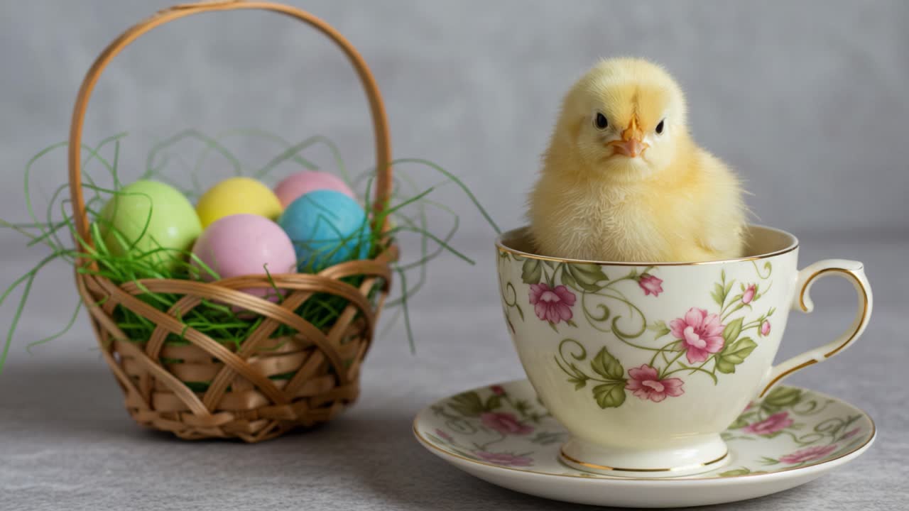 A Charming Yellow Chick Nestled in a Floral Teacup Surrounded by Colorful Easter Eggs in a Woven Basket, Perfectly Capturing the Spirit of Springtime Celebration