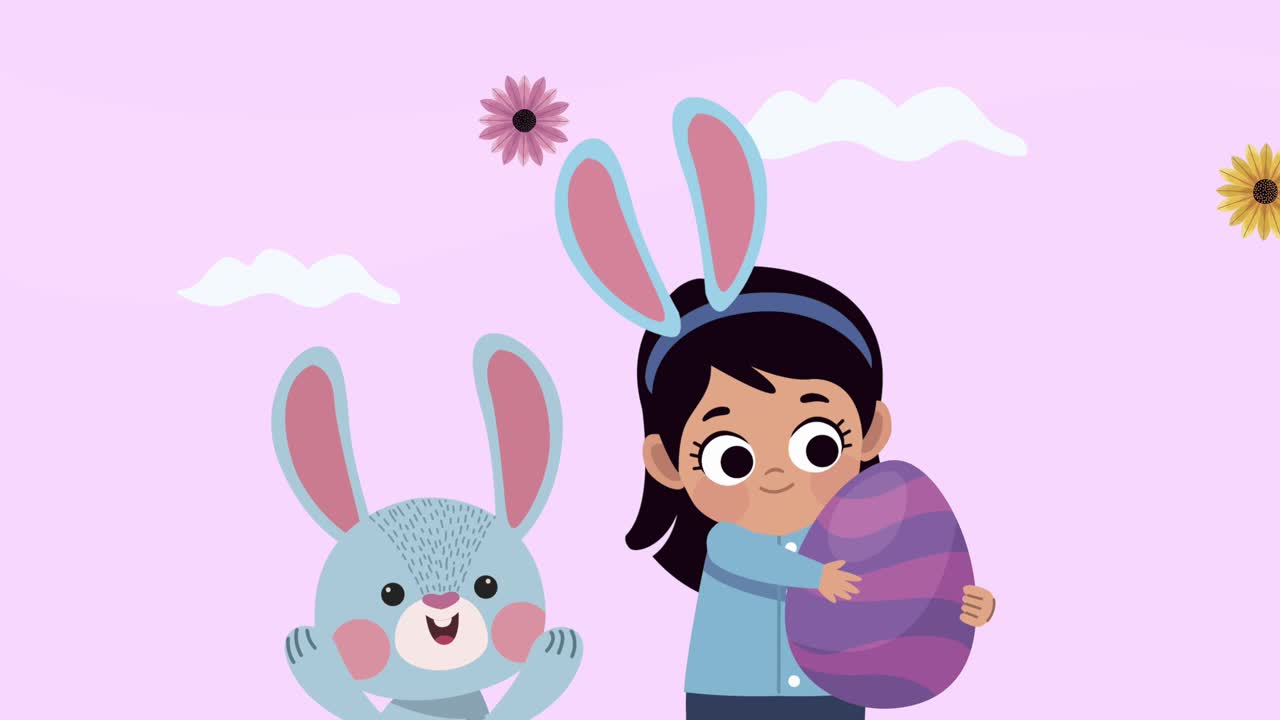 happy easter animation with girl and rabbit characters