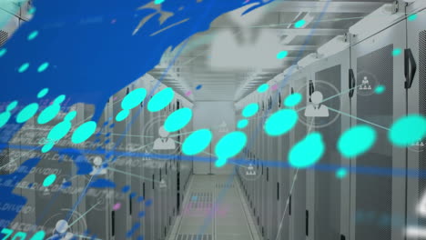 animación de la red de iconos de perfil, procesamiento de datos y mapa del mundo contra la sala de servidores de computadora