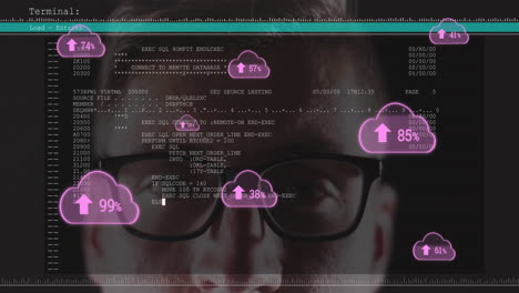 nube con aumento del porcentaje de iconos sobre la pantalla con procesamiento de datos contra el hacker masculino