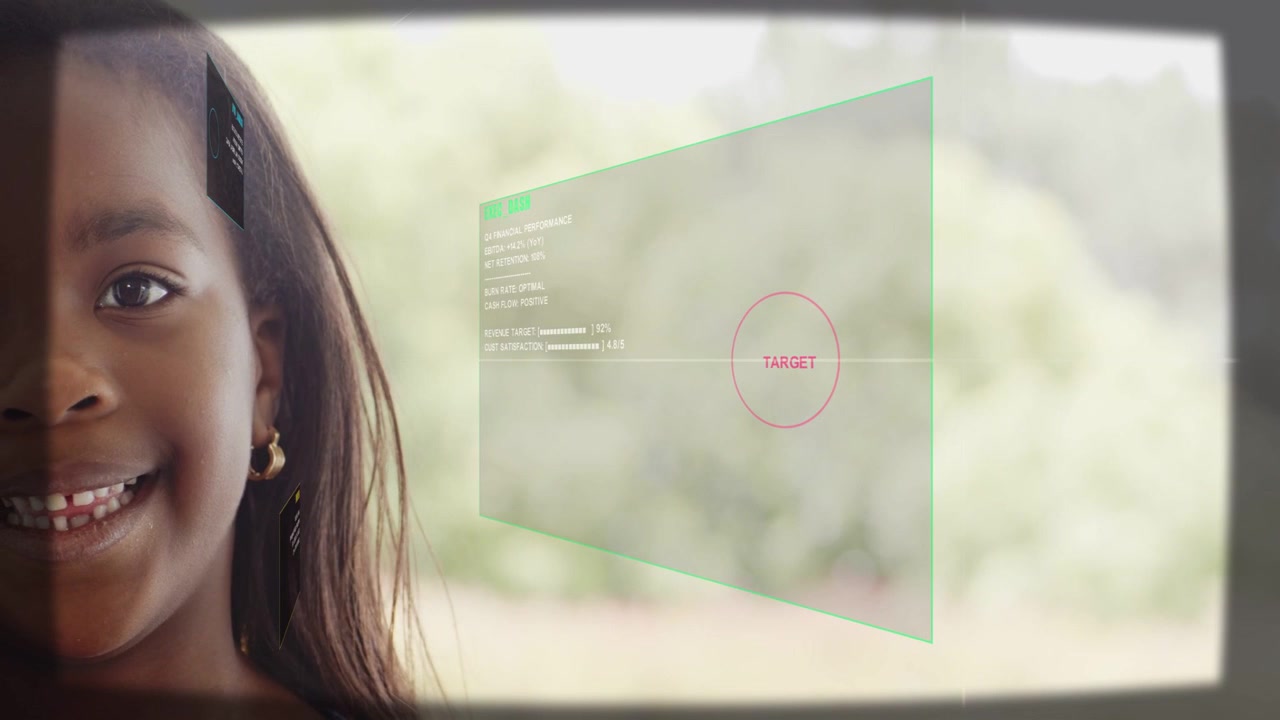 Child smiling left edge while camera detecting face, AR HUD assembling, reticle targeting tech demo