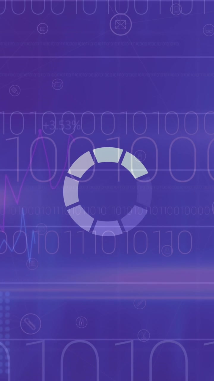 Animation of circle loading and binary coding over purple background