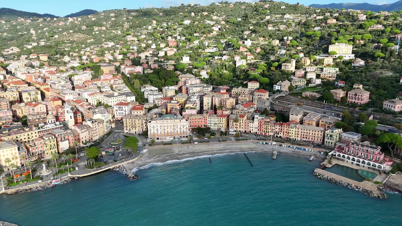 Portofino view from above, local architecture and sea on a sunny day