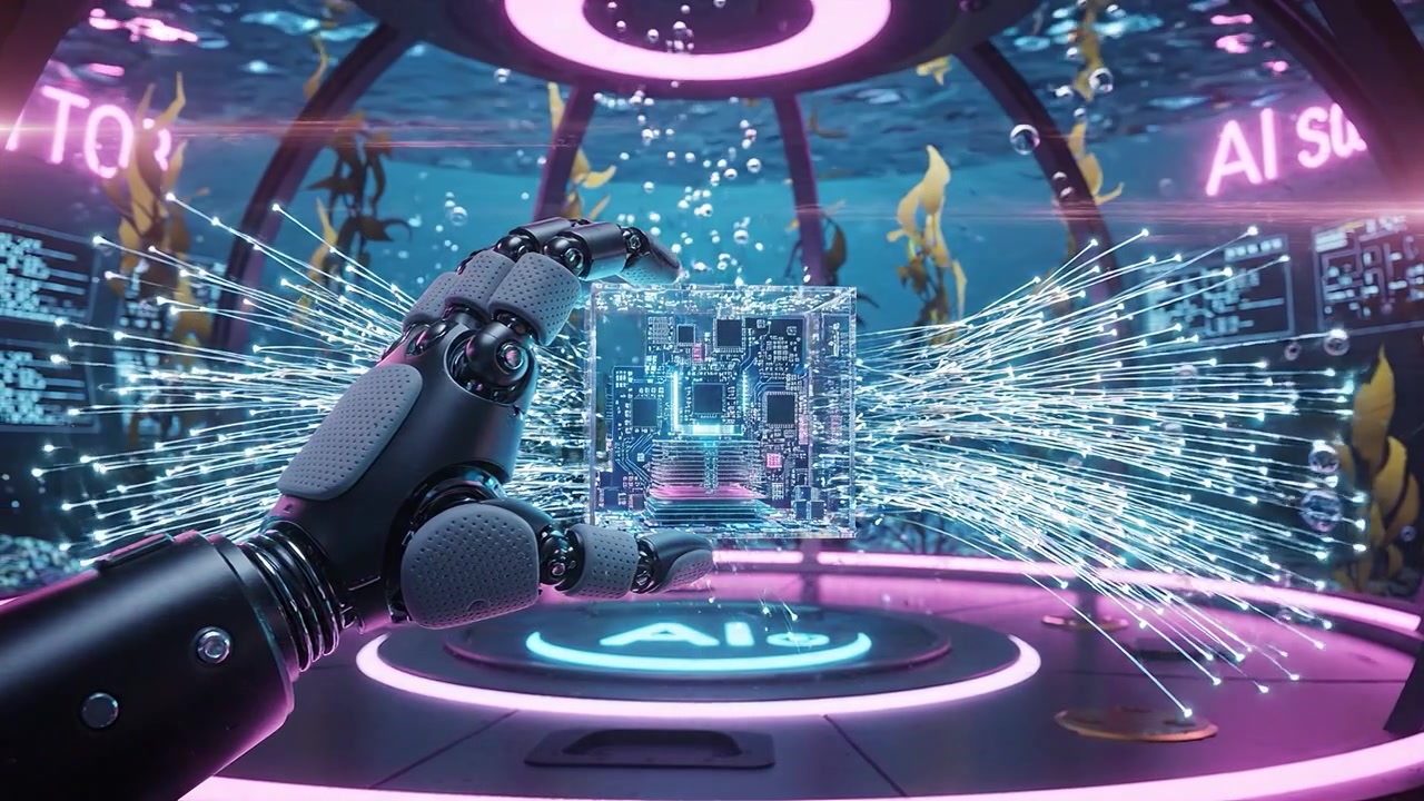 Futuristic Underwater AI Laboratory Showcasing a Robotic Hand Holding a Circuit Board in a High-Tech Environment Filled with Bubbles and Greenery