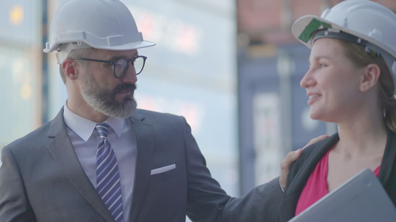 hombre ejecutivo o inversor y propietario de logística negocio o gerente mujer sonriendo, caminando juntos y hablando y acuerdo plan de negocios de carga de transporte para hacer juntos en el patio de carga de contenedores.