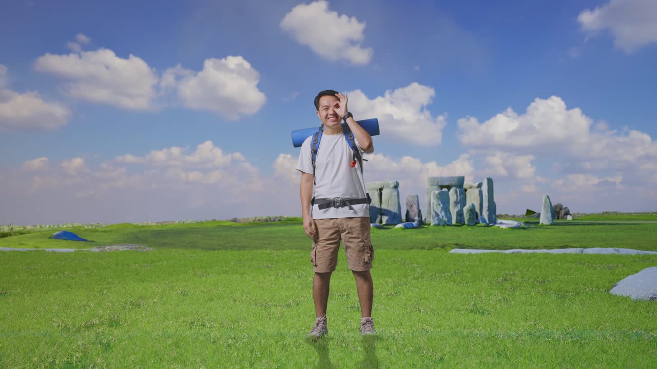 Happy Tourist in a Field with Ancient Stones