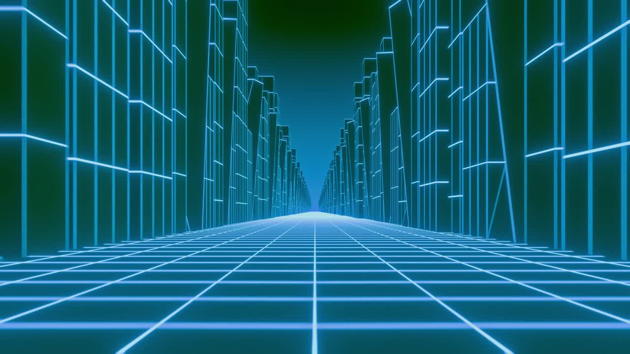 3D wireframe city street loop animation
