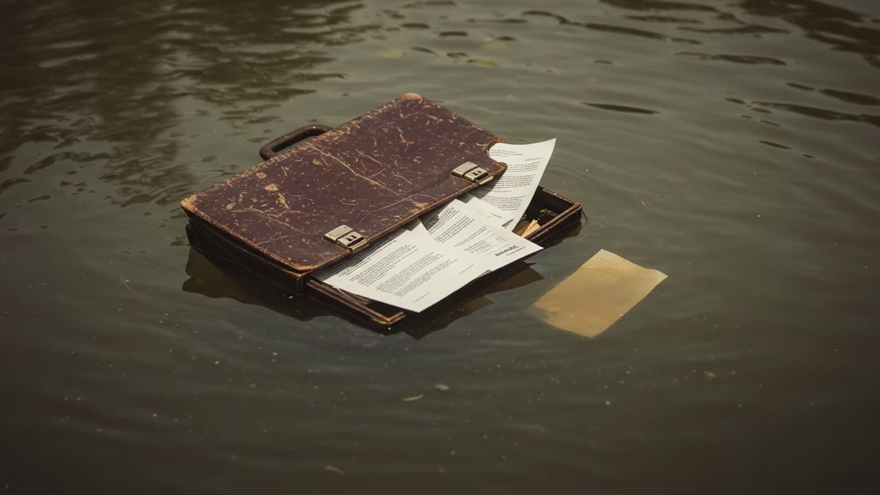 A Waterlogged Briefcase Surfaces with Documents Floating Amidst Murky Waters, Evoking Thoughts of Secrets and Lost Stories Beneath the Surface