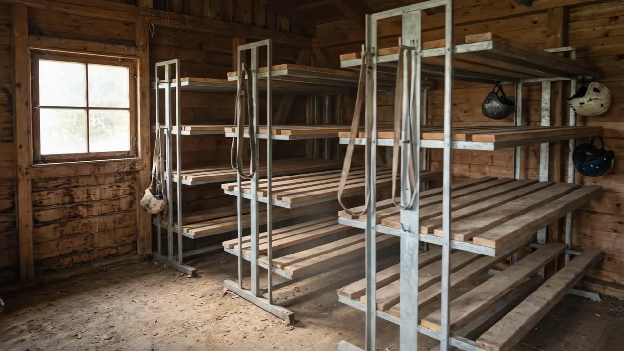 Interno vuoto di un capannone in legno rustico con scaffalature e luce naturale