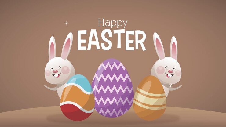 happy easter lettering celebration with rabbits and eggs animation
