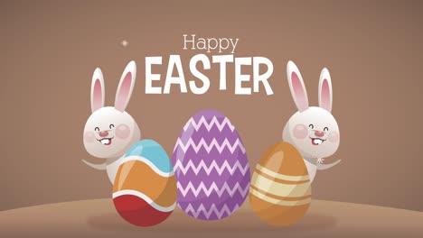happy easter lettering celebration with rabbits and eggs animation