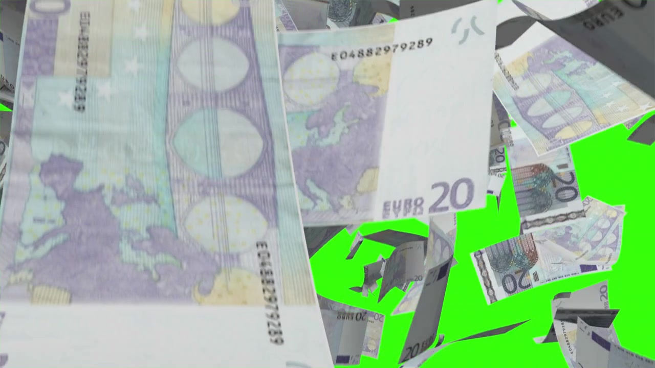Faldende 20 euro pengesedler på grøn skærm
