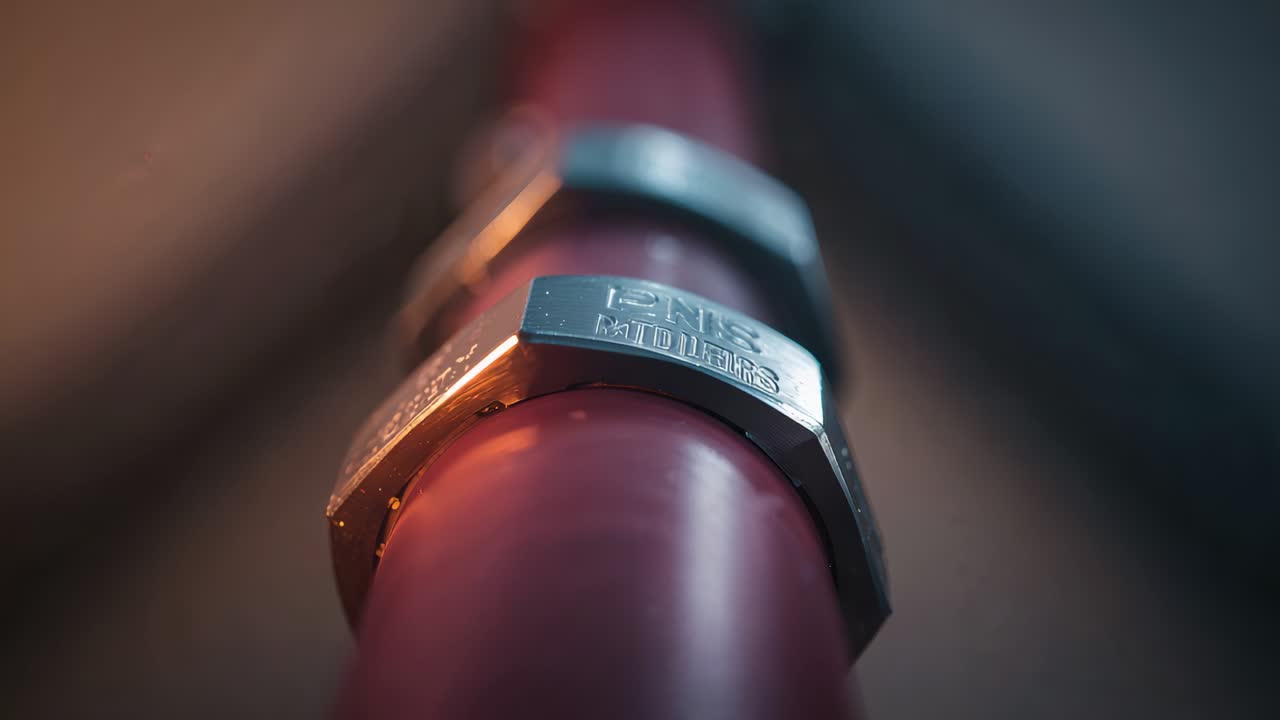 Pulling focus, camera bringing hex clamp into sharp view in low-light on red tube, revealing PNS