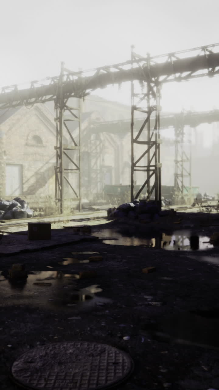 Abandoned industrial landscape with mist and remnants of machinery