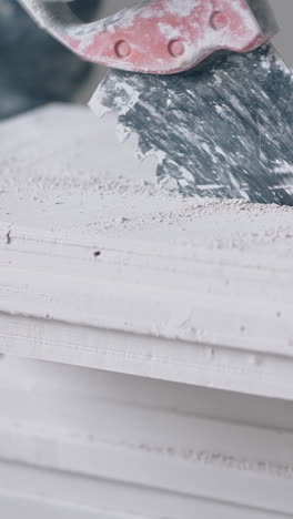 skilled worker in special gloves prepares and saws white gypsum plasterboard professionally close view