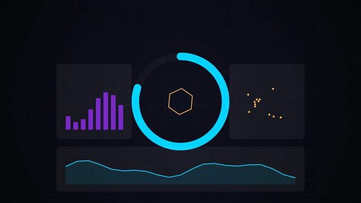 Digital Data Dashboard Interface with Animated Graphs and Hexagon