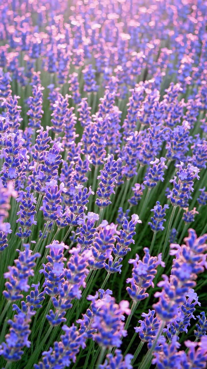 Ripresa video ravvicinata di un campo di lavanda al tramonto, che cattura vivaci tonalità di viola e un'illuminazione soffusa.