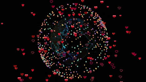 globe surrounded by colorful dots and floating red hearts animation