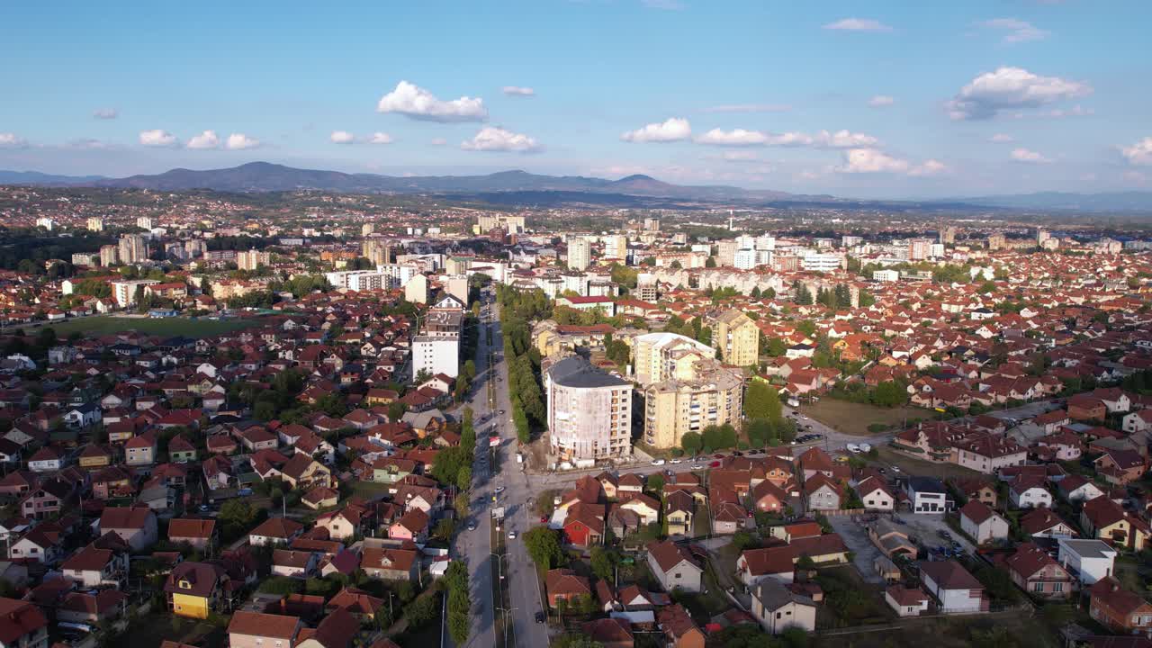 Cacak, Serbia. Drone Shot of Downtown Buildings and Streets, Cityscape Skyline