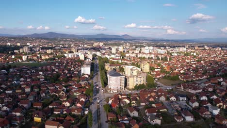 cacak, serbia. drone shot of downtown buildings and streets, cityscape skyline