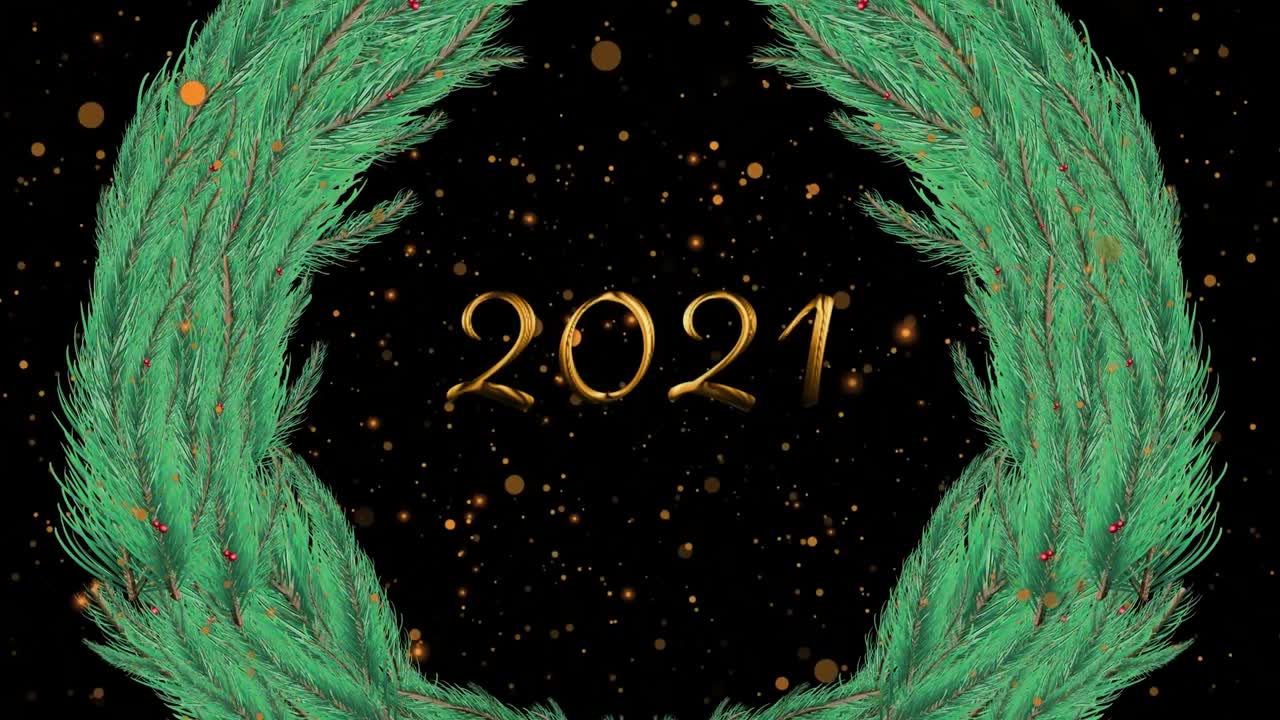 animación de 2021 y corona de navidad sobre fondo negro