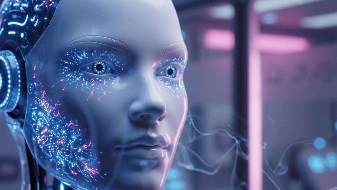 Volto AI futuristico: uno sguardo alla robotica realistica e all'automazione avanzata attraverso caratteristiche espressive e sorprendenti effetti neon in un ambiente ad alta tecnologia.