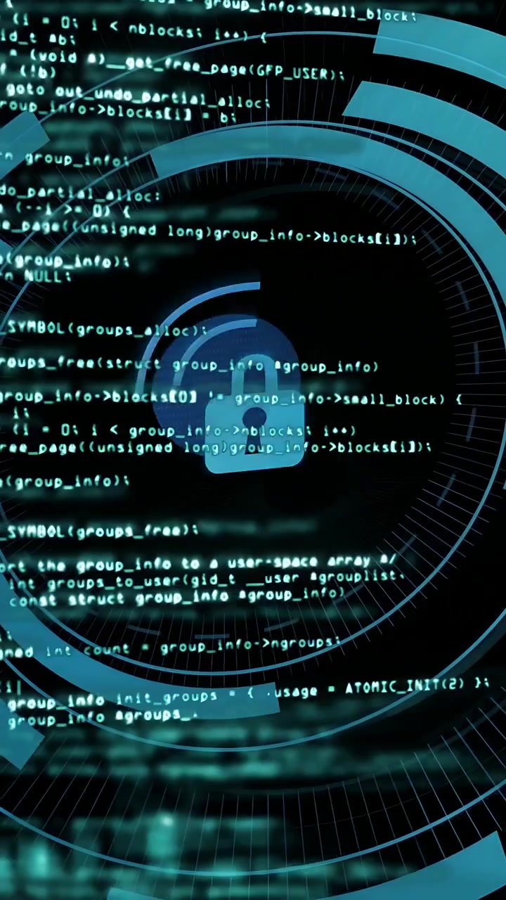 Vertical video: Teal code fading, padlock enlarging, HUD rings rotating to show secure data flow