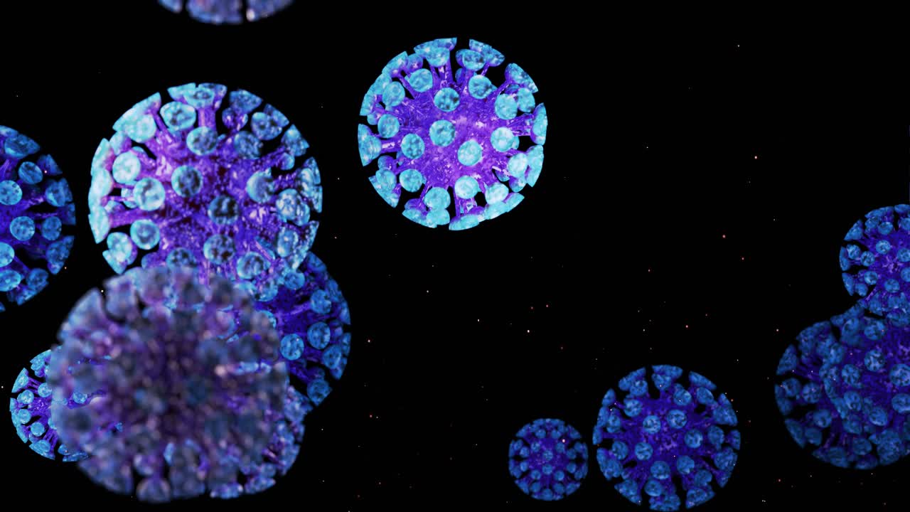 close-up coronavirus tipo covid-19, h1n1, gripe aviar o gripe porcina se mueven suavemente en fluido representación 3d del virus como fondo de bucle microscópico microbiológico. color de gradiente azul blanco púrpura