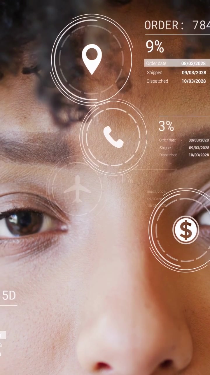 Vertical video: Woman opening eyes % rising AR HUD placing charts and dollar across face for retail