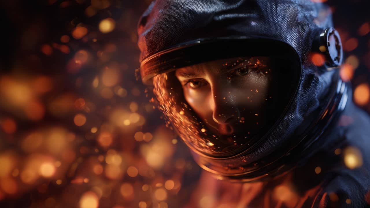 Un'affascinante rappresentazione di un astronauta circondato da uno spettacolo abbagliante di particelle luminose e scintille, che mostra le meraviglie dell'esplorazione spaziale e la resilienza umana.