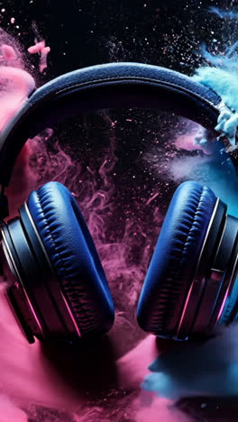 a pair of headphones is surrounded by a cloud of pink and blue powder. the headphones are blue and black and are positioned in the middle of the cloud. concept of excitement and energy