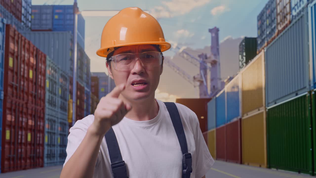 Close Up Of Asian Man Worker Wearing Goggles And Safety Helmet Shouting To Camera While Standing At Container Yard Warehouse