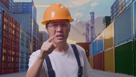 close up of asian man worker wearing goggles and safety helmet shouting to camera while standing at container yard warehouse