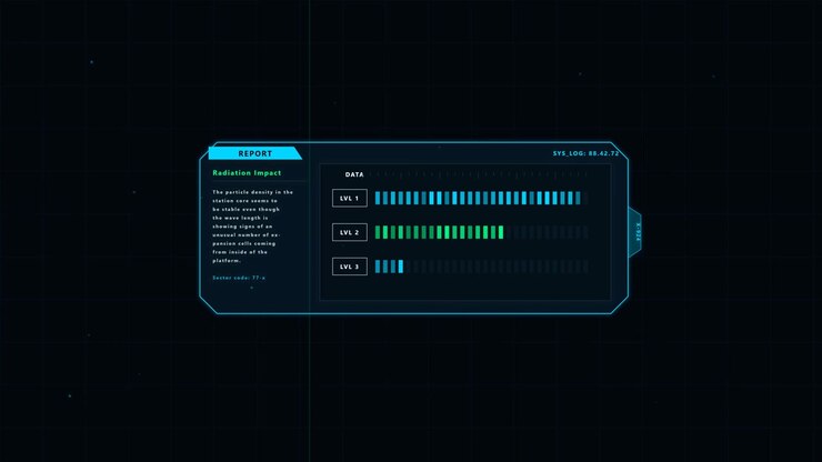 Antarmuka digital futuristik yang menampilkan data dampak radiasi
