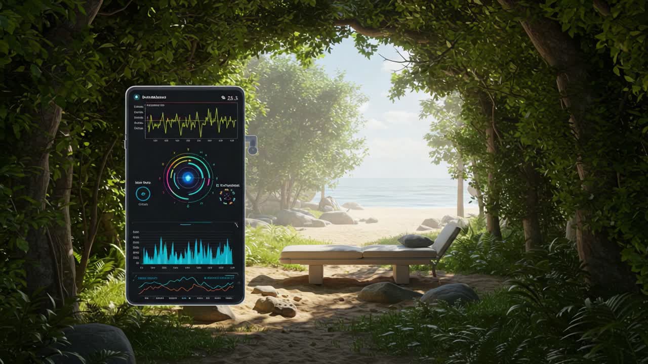Esplorare l'armonia tra natura e tecnologia: una vista panoramica sulla spiaggia con analisi dei dati che mostrano metriche approfondite in mezzo a una vegetazione lussureggiante