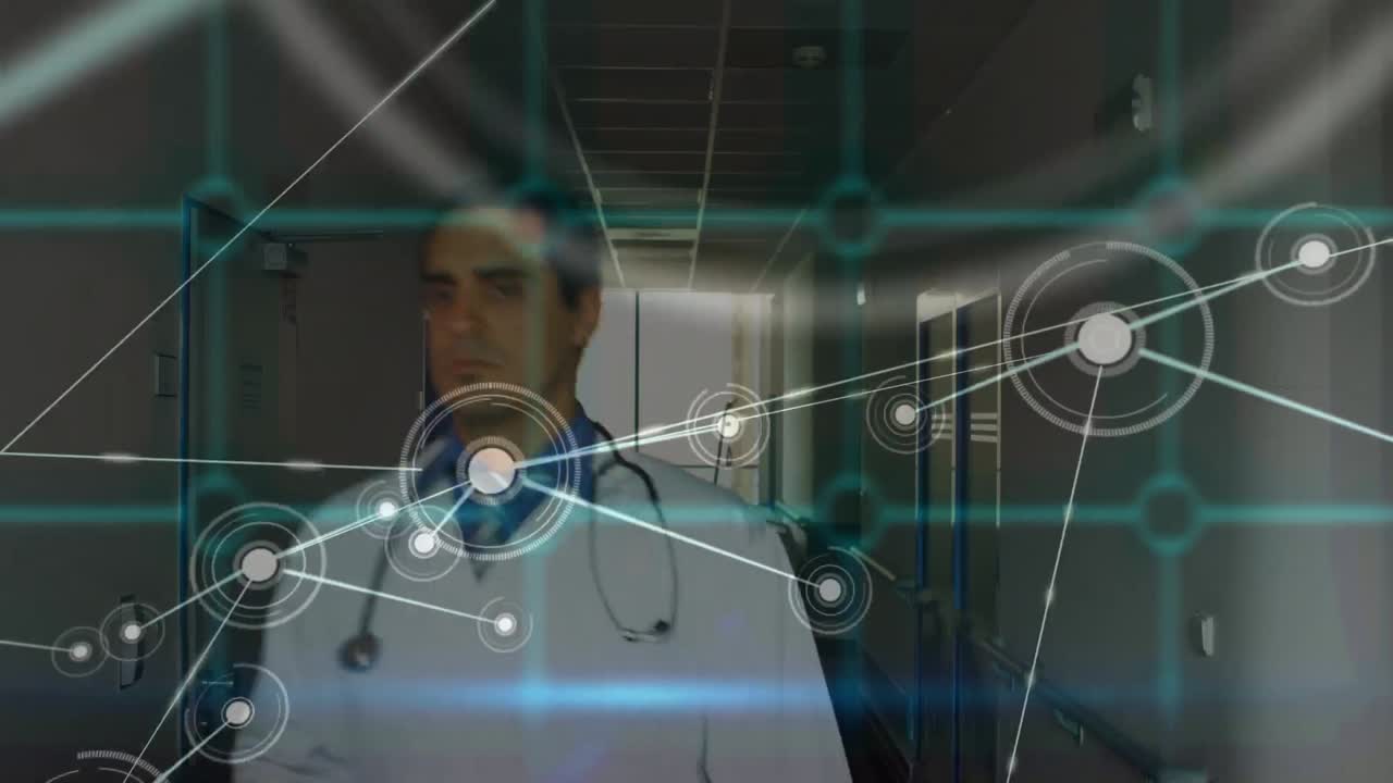 Animation of network of connections over caucasian doctor
