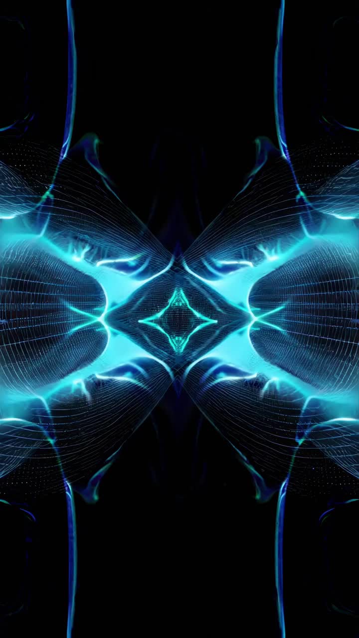 Abstract video art with a symmetrical, neon blue pattern on a black background