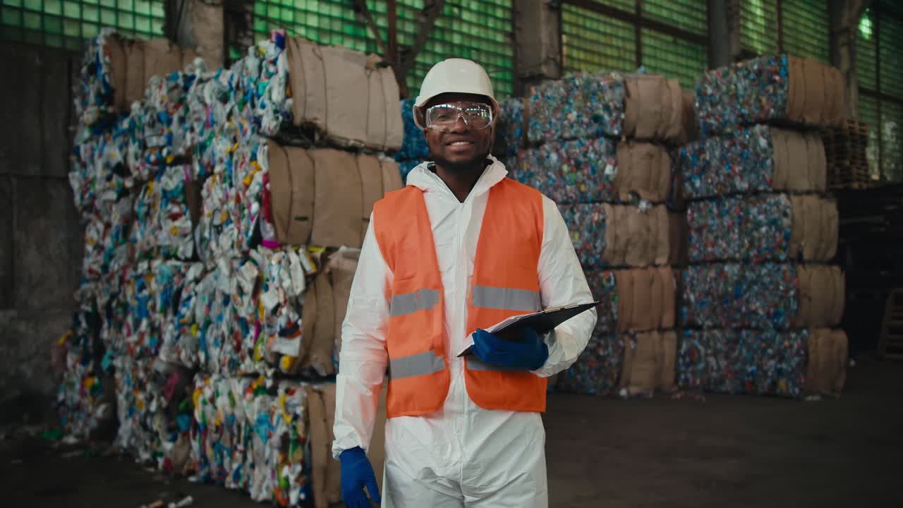 Portrait of a happy man with Black skin in a white uniform and an orange vest who stands near a huge pile of recycled plastic at a waste recycling plant and holds a tablet in his hands
