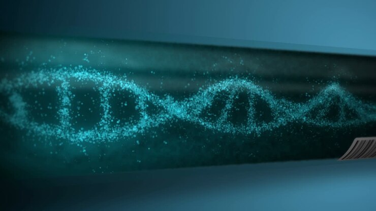 DNA molecule in test tube. DNA helix as a symbol for genetics. Test equipment. Medicine and technology concept. Loop animation.