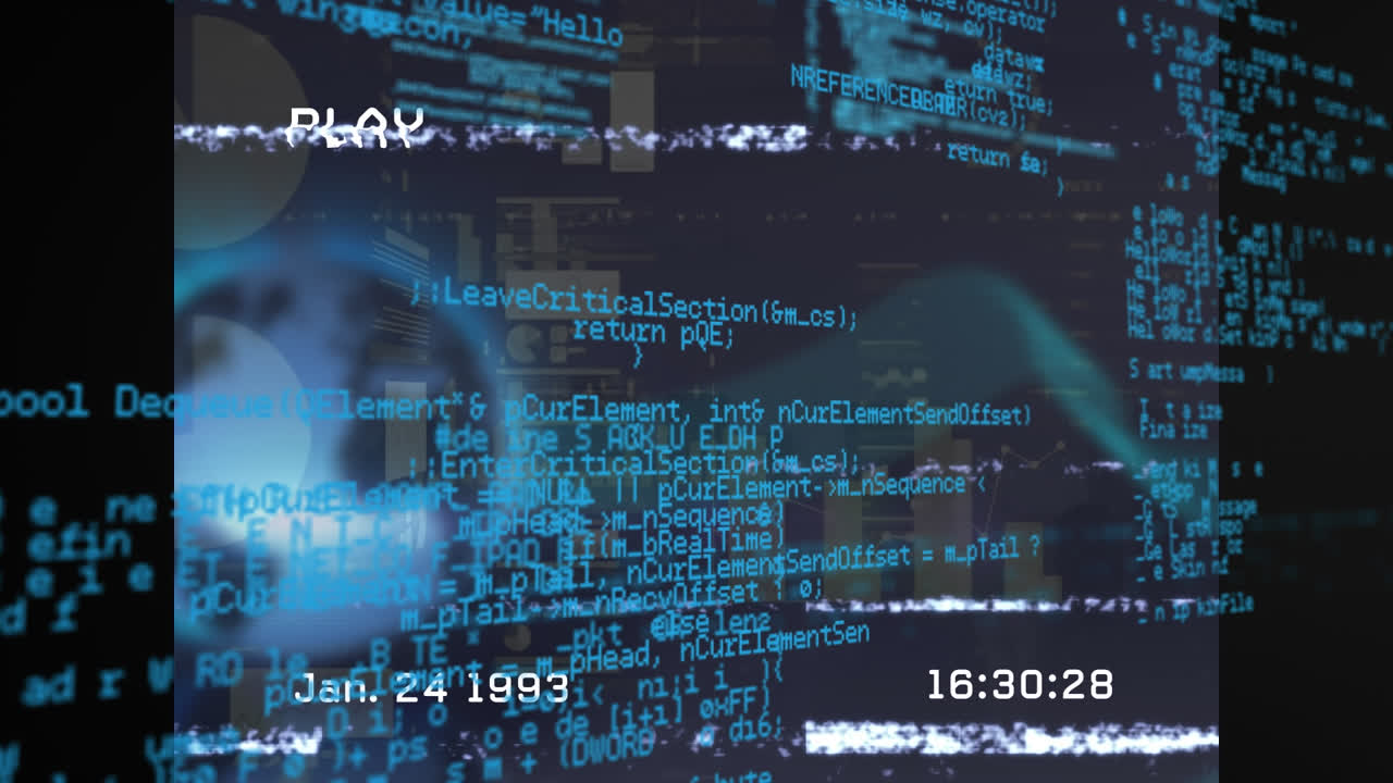 Animation of data processing and globe over black background