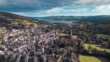 aerial footage of the small rural town of ambleside in the cumbrian lake district, united kingdom