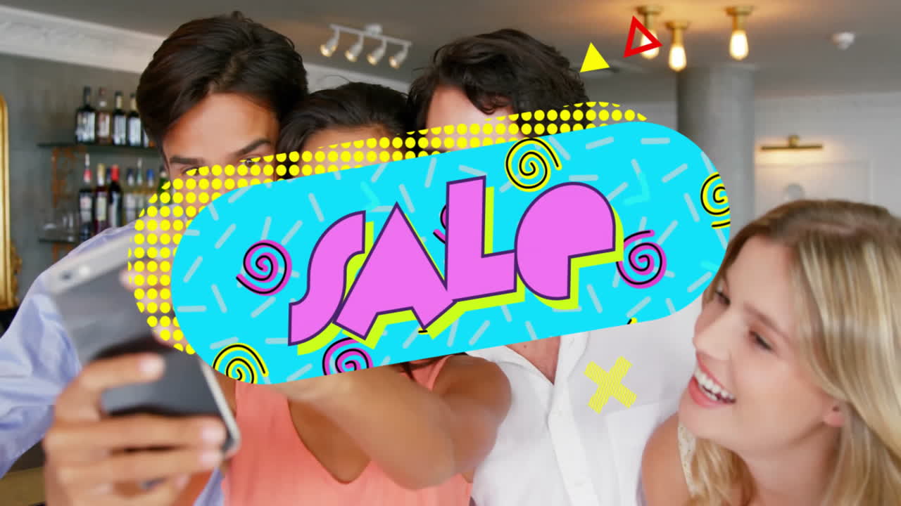 Colorful SALE animation over group of friends taking selfie at home