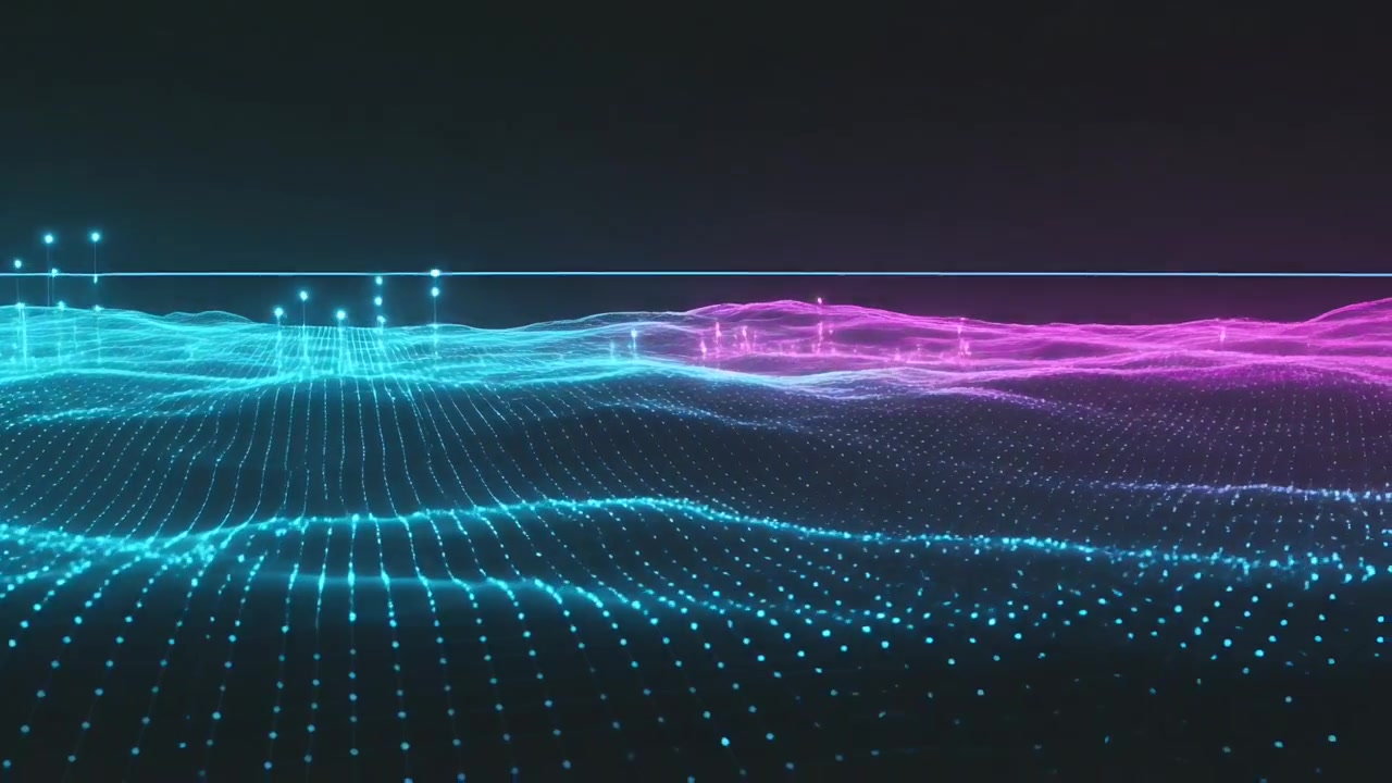 Rising turquoise grid wave as sequence starting, forming cyan and magenta columns, creating depth