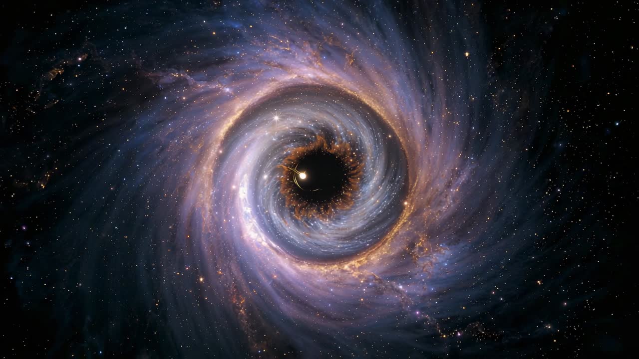 Opening in deep space vortex spiraling pulling purple-gold filaments toward central dark region