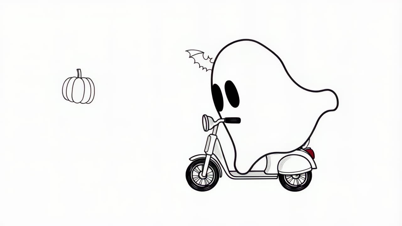 Cute Ghost Riding a Scooter with Halloween Elements