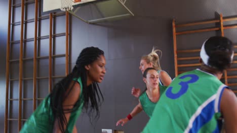 diverse female basketball team playing match, dribbling and shooting ball