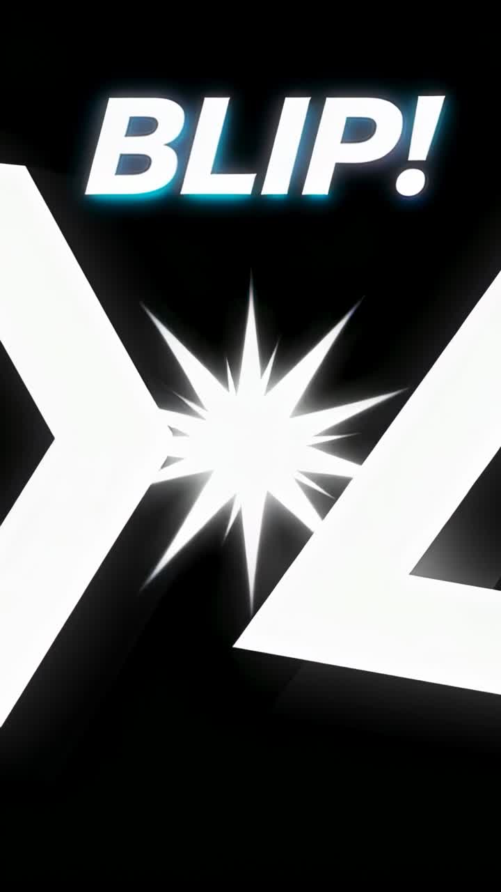 Vertical video: Animating white chevrons moving inward over spark on black canvas revealing BLIP!